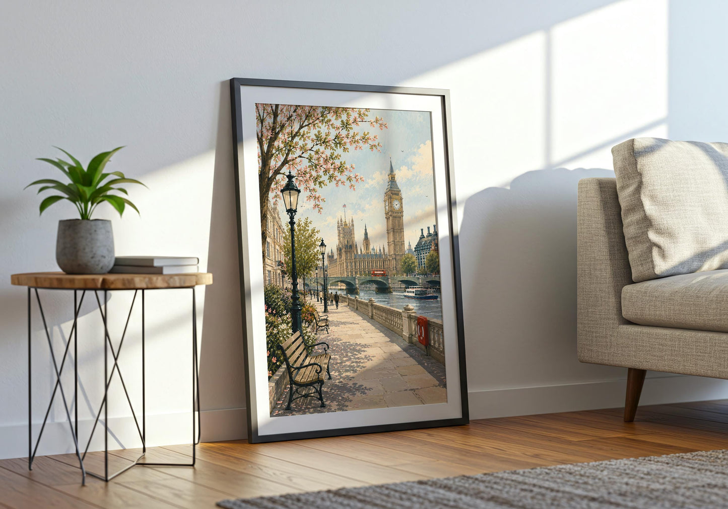 English-inspired wall art featuring Big Ben beneath a soft blue sky with green trees and delicate pink blossoms.