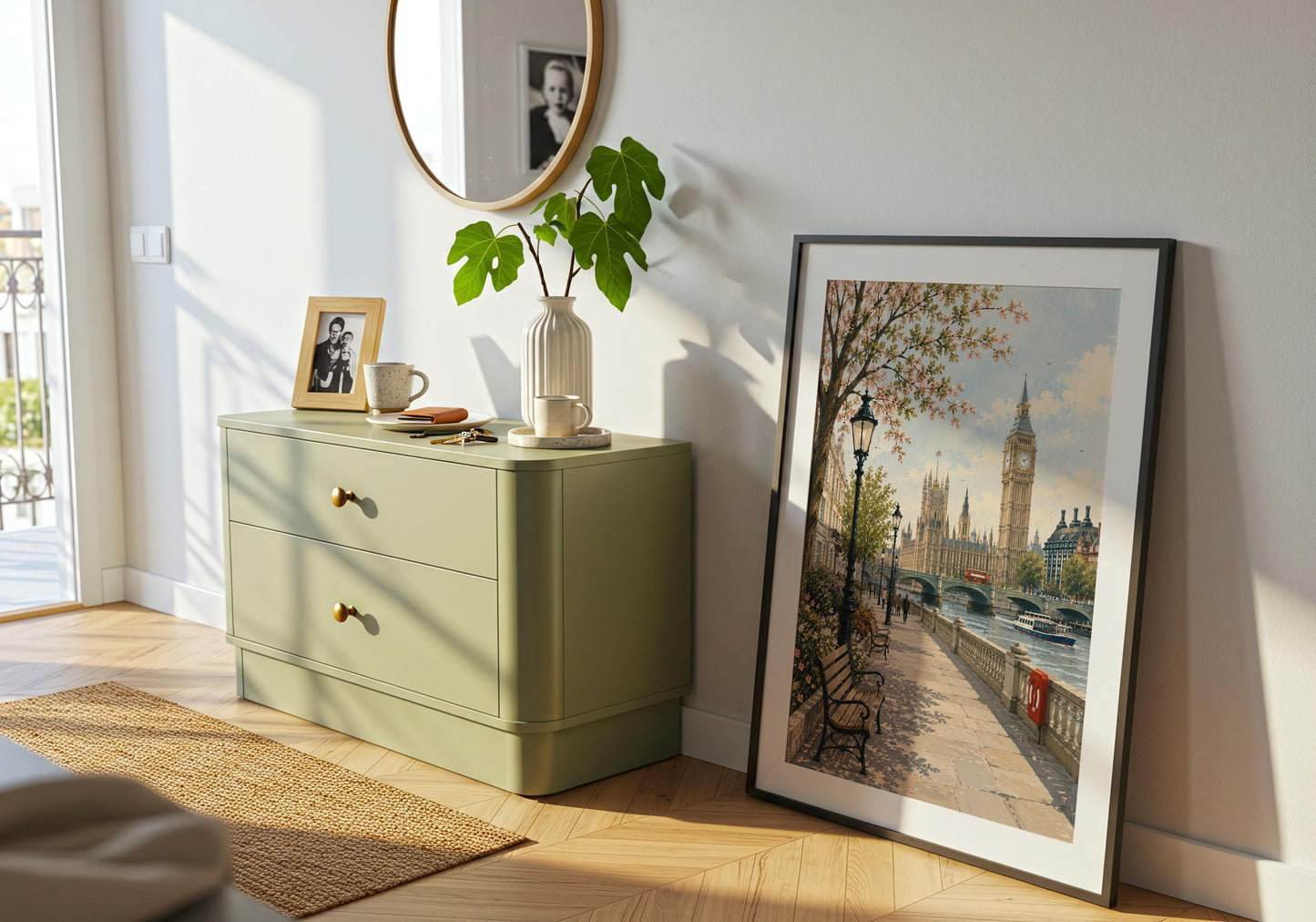 Cottage-inspired London wall art in soft blue, green, blush pink and warm stone tones.