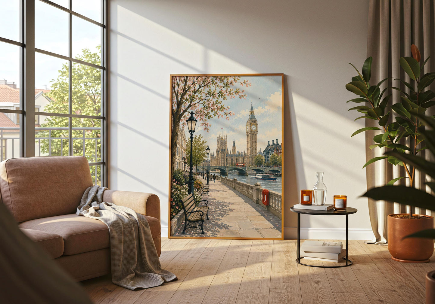 Romantic Westminster print showing the Thames, riverside promenade, historic architecture and traditional London details.