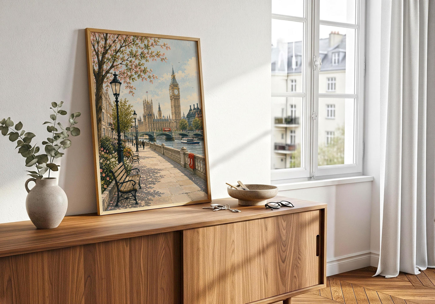 Scenic British wall print featuring Big Ben and Westminster viewed from a peaceful flower-lined London riverside walkway.