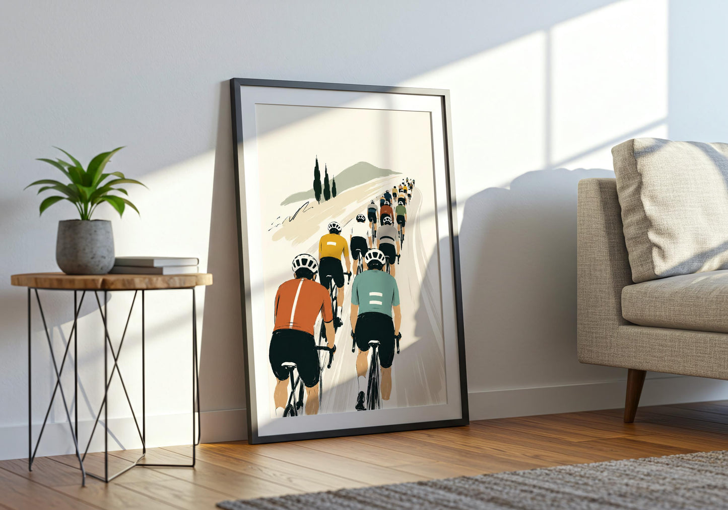Modern sports wall art in warm cream, orange, yellow and muted green tones featuring road cyclists.