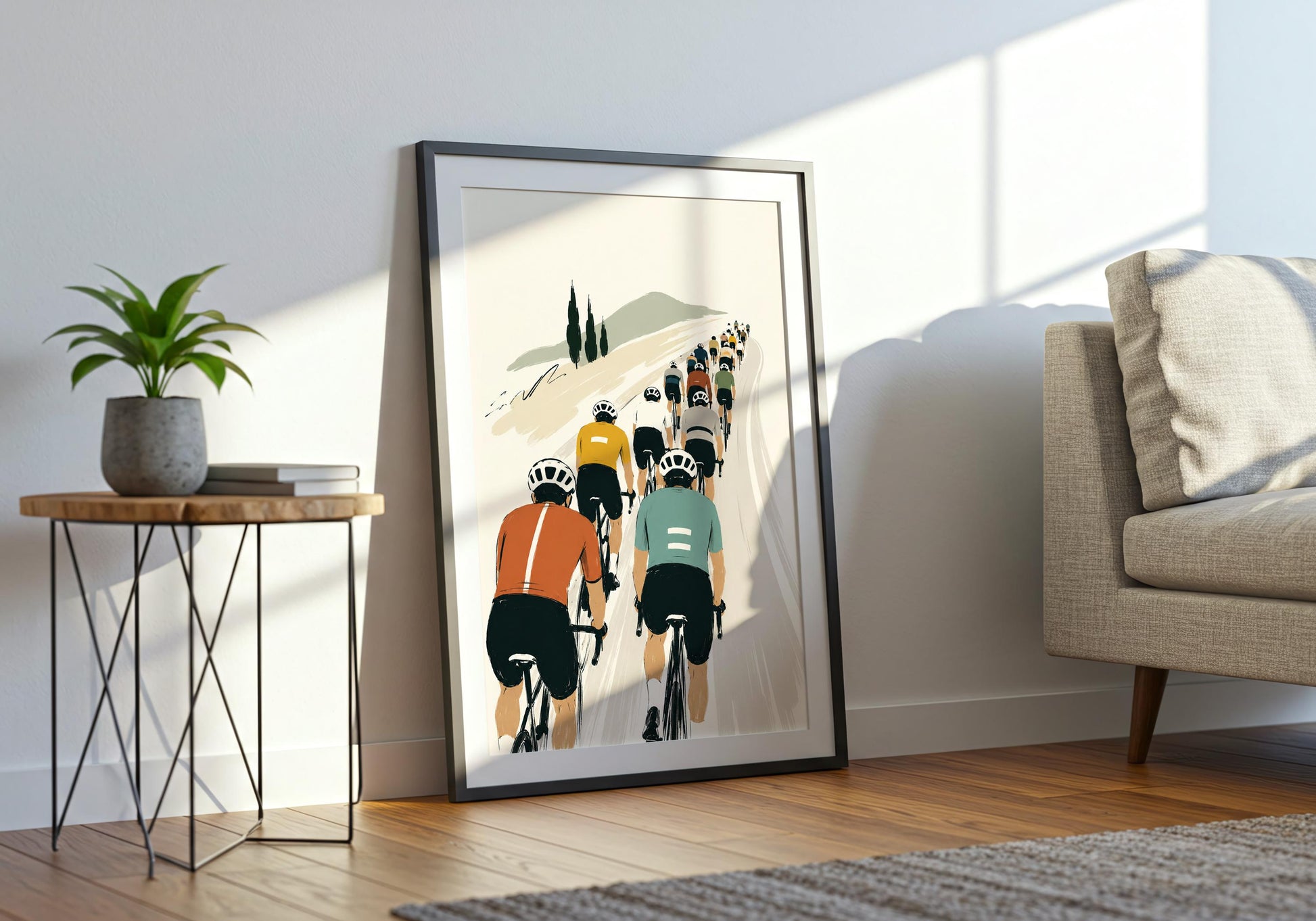 Modern sports wall art in warm cream, orange, yellow and muted green tones featuring road cyclists.