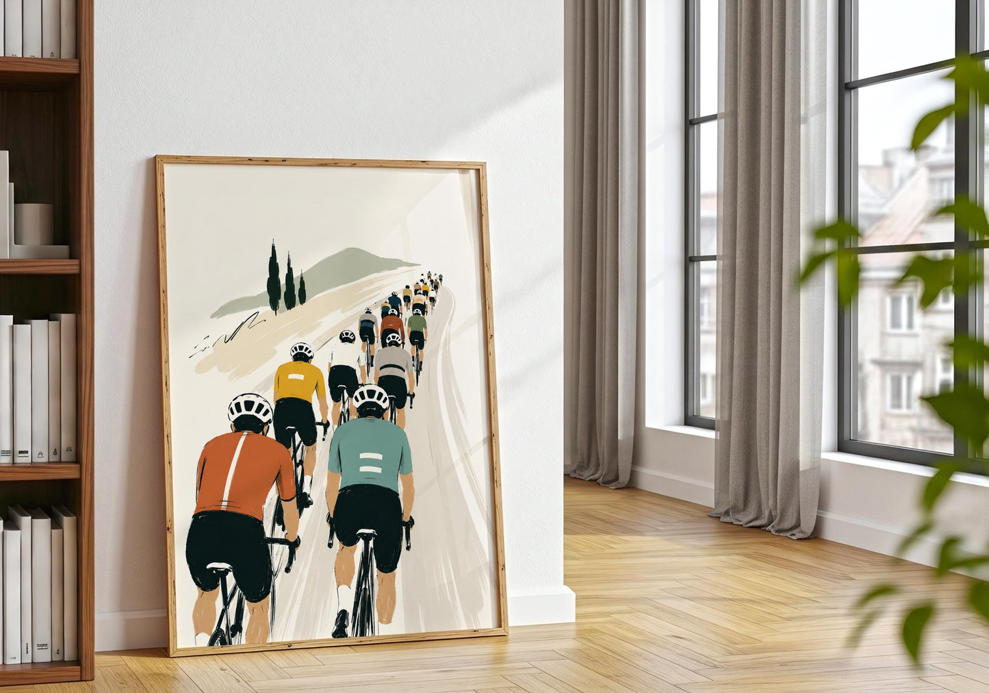 Road bike art featuring a group of cyclists riding uphill through a softly painted rural landscape.