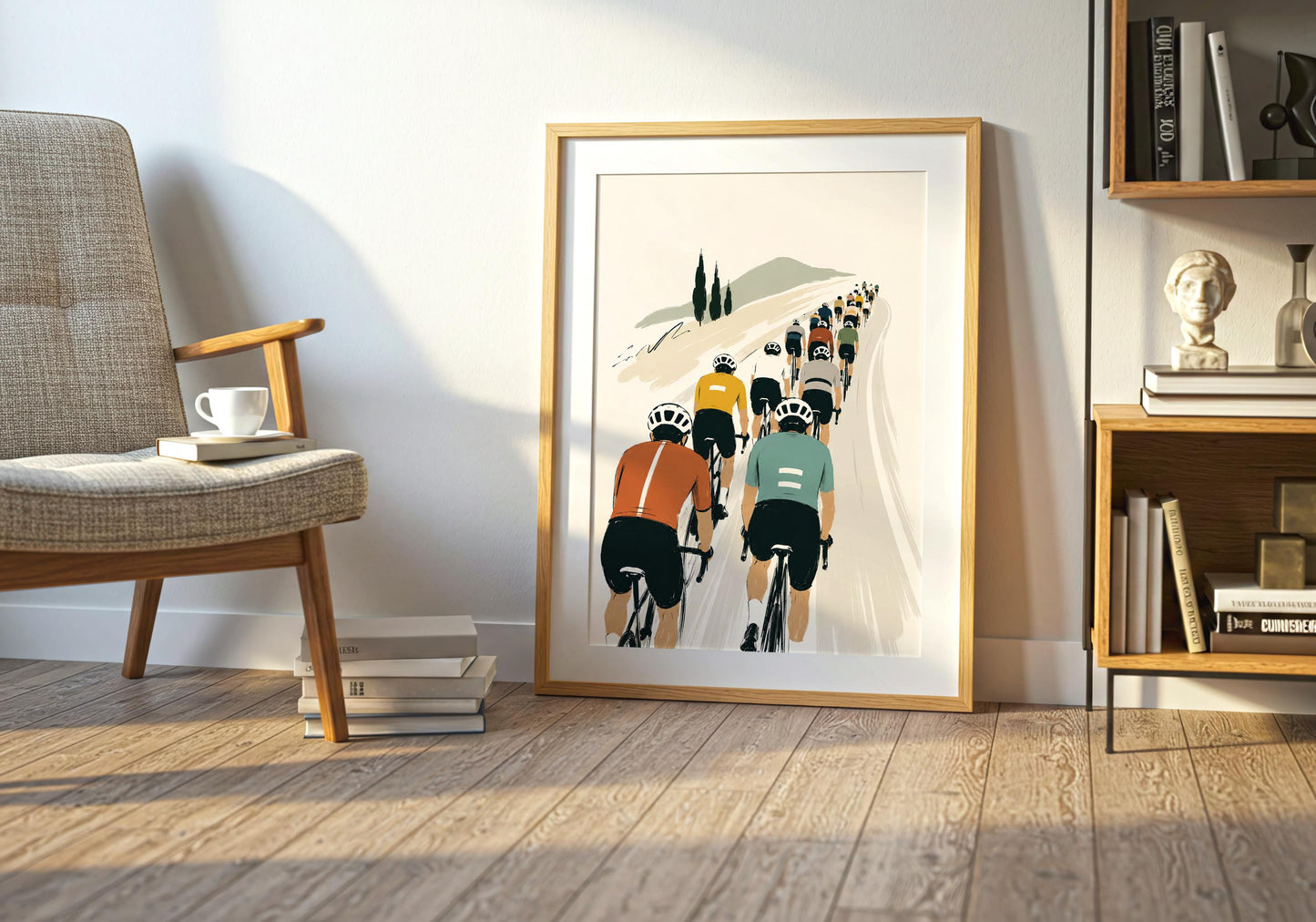 Cycling gift art print with a stylised road racing peloton and understated retro colour palette.
