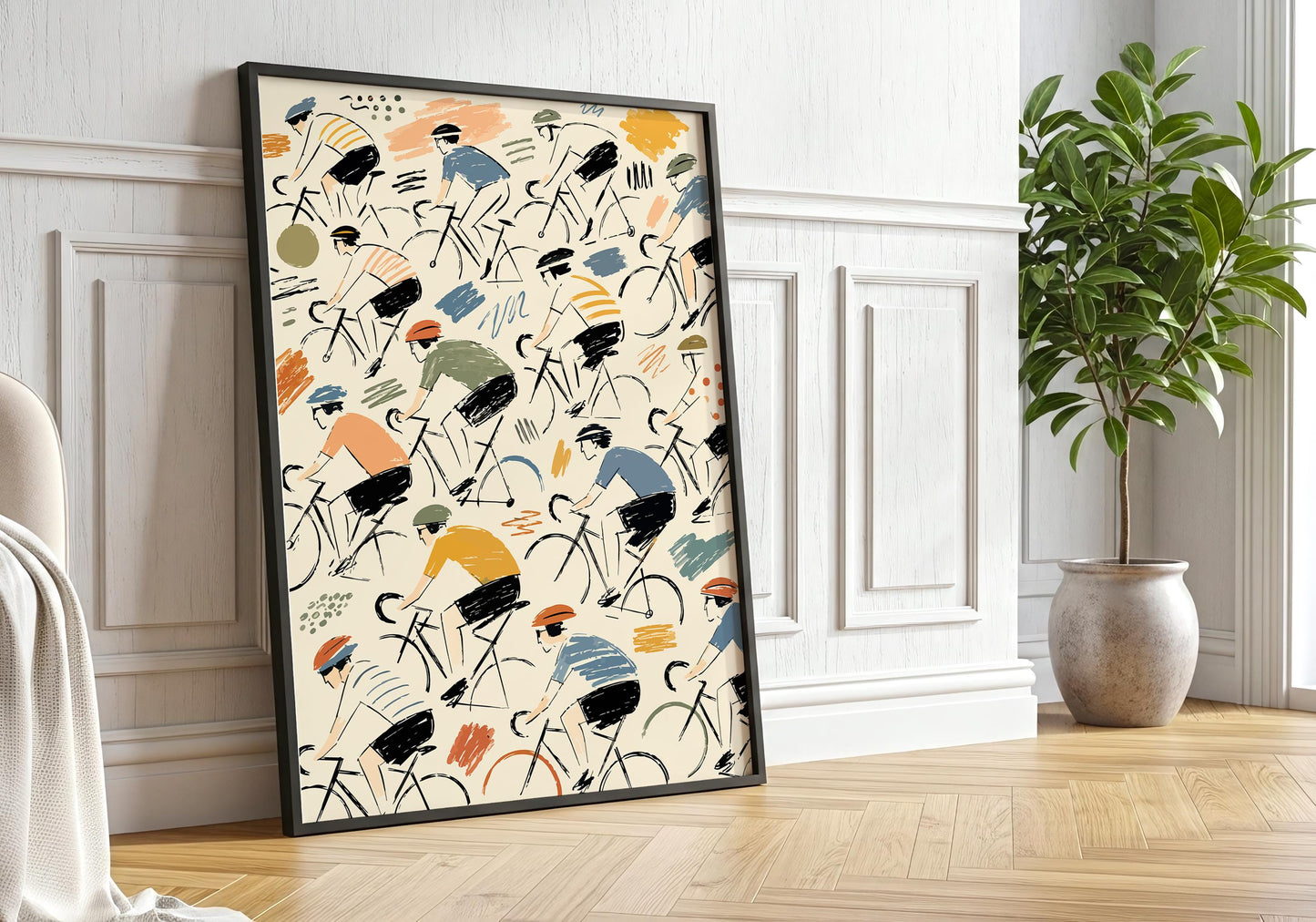 Colourful bicycle art print with cyclists in mustard yellow, burnt orange, dusty blue and muted olive green.