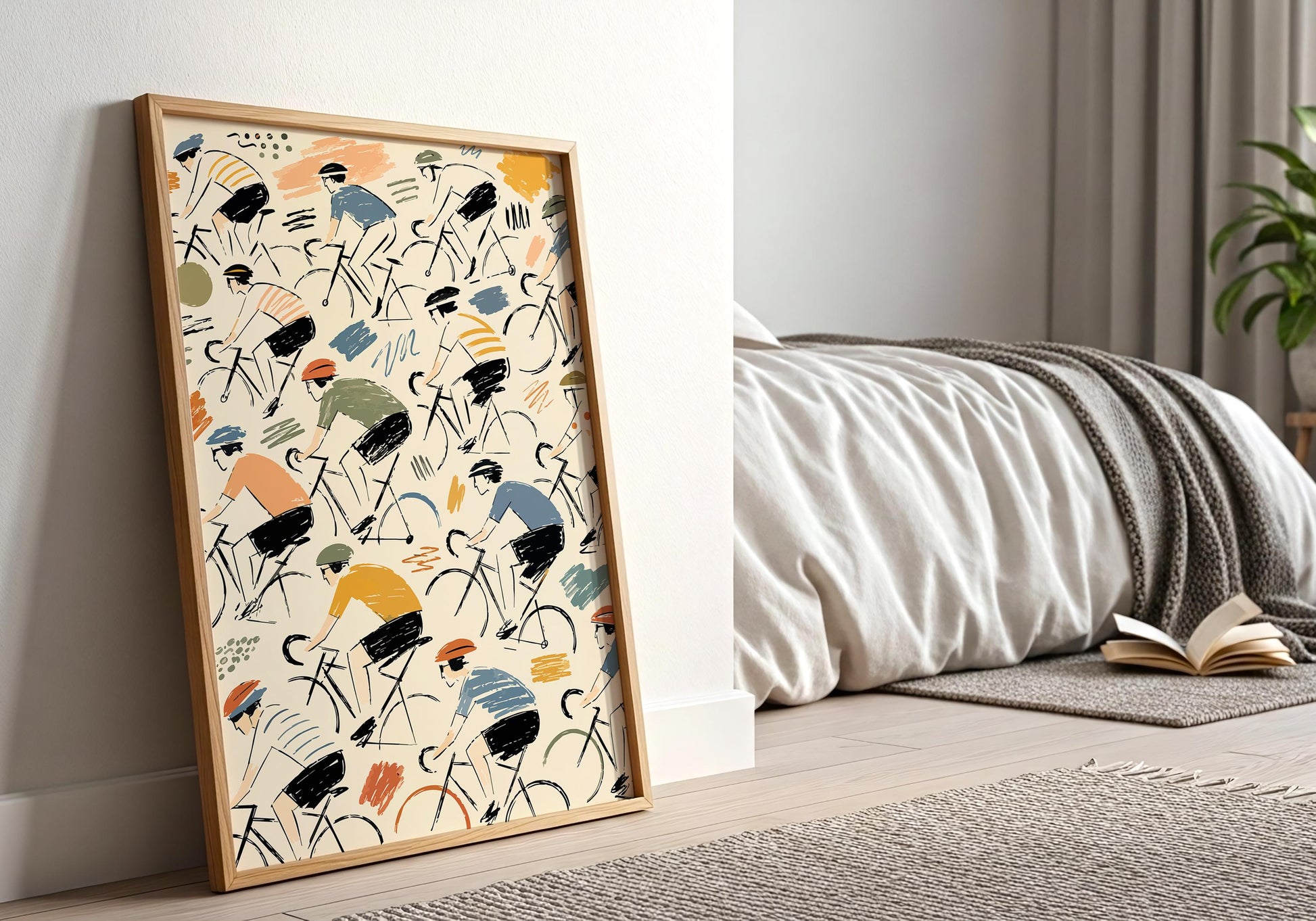 Framed mid-century-inspired cycling print displayed in a natural wood frame against an elegant neutral interior.