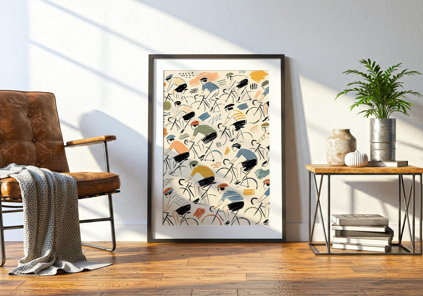 Retro bicycle pattern art with loosely illustrated riders, racing bikes and colourful graphic accents.