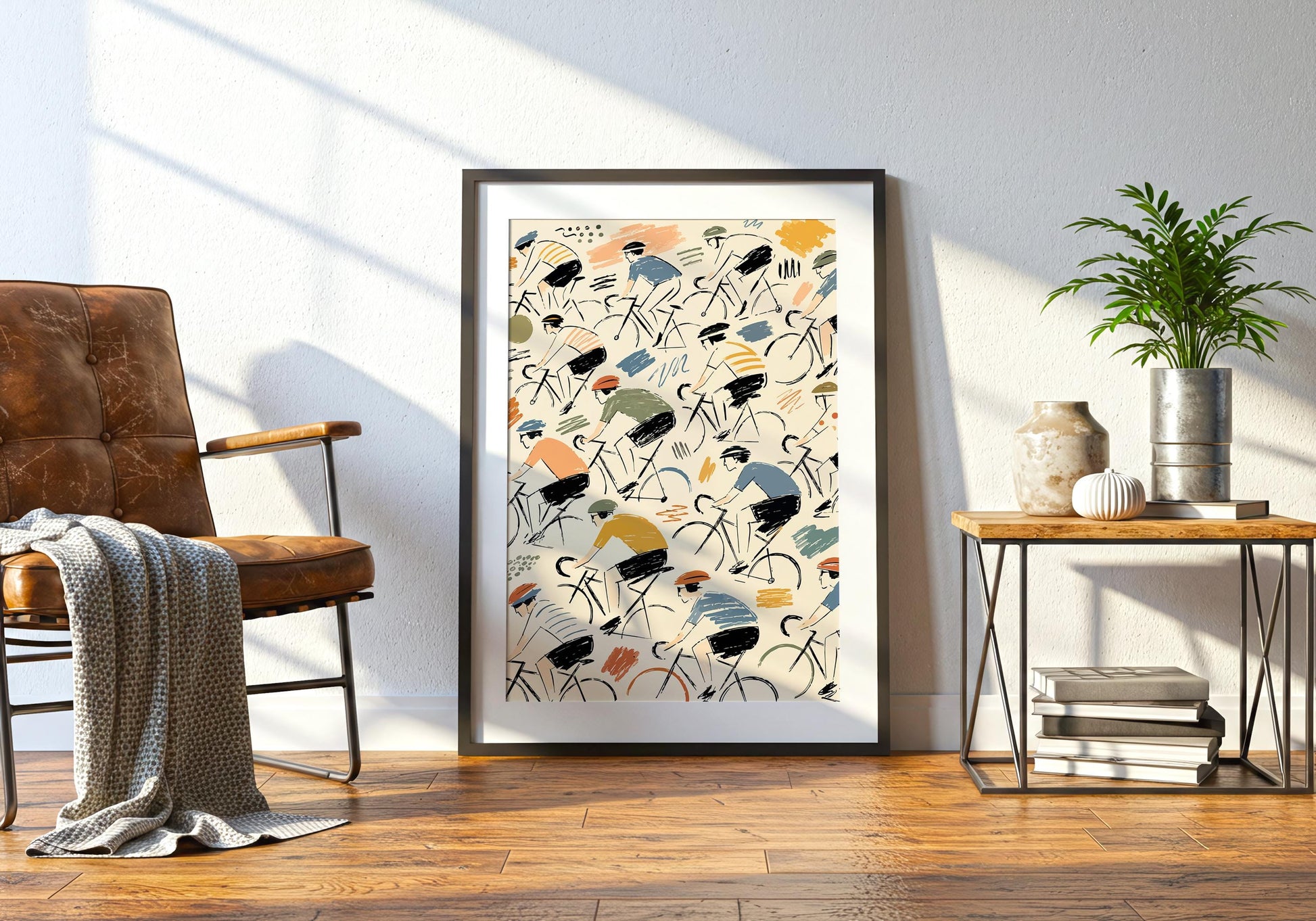 Retro bicycle pattern art with loosely illustrated riders, racing bikes and colourful graphic accents.