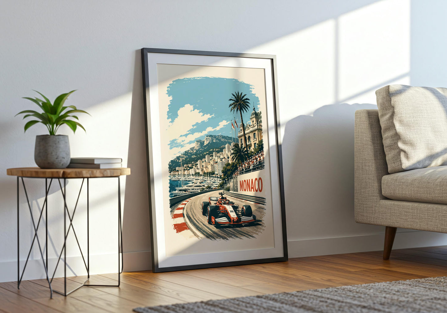 Vintage racing poster in teal blue, cream and red with a dramatic Monaco street circuit scene.