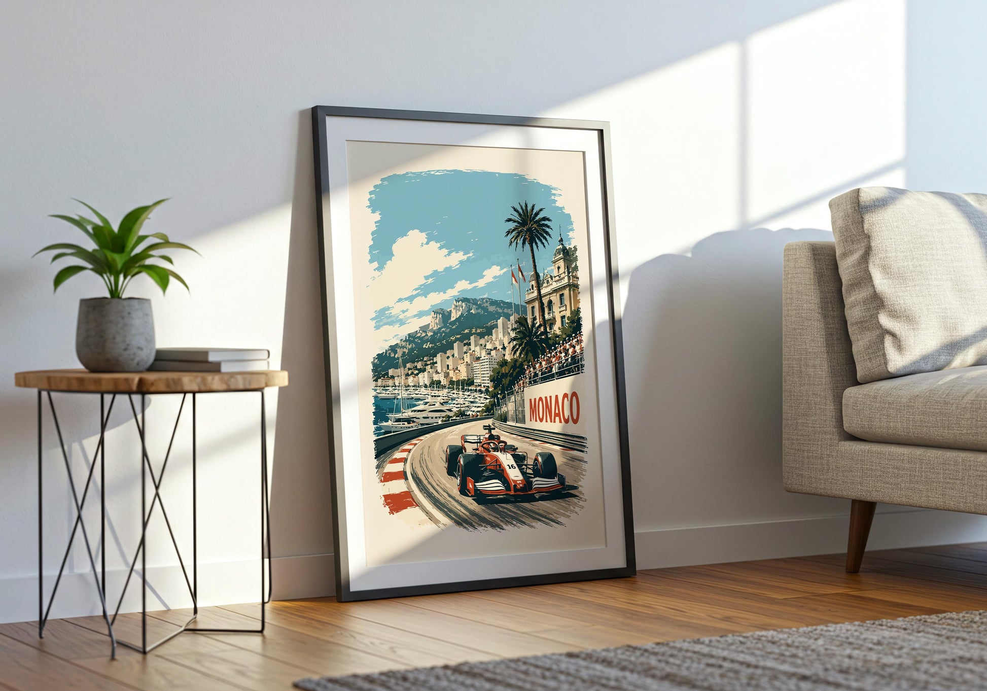 Vintage racing poster in teal blue, cream and red with a dramatic Monaco street circuit scene.