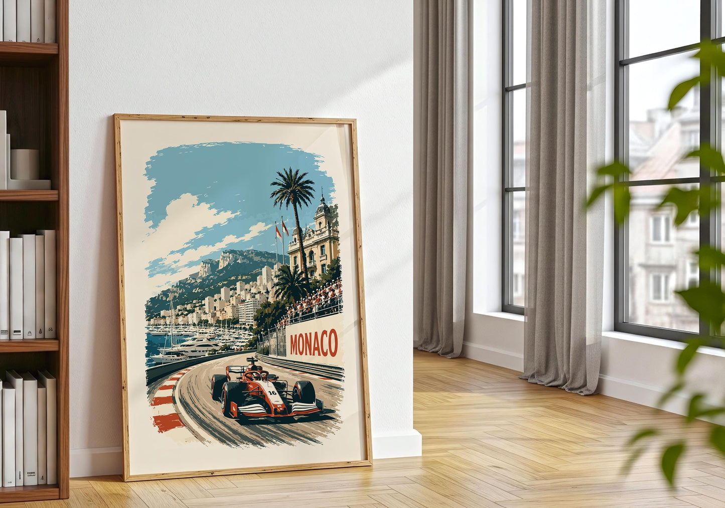 Retro Monaco travel and racing artwork with a red formula-style car approaching a bend on the famous street circuit.