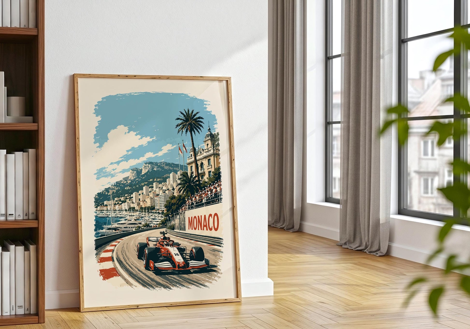Retro Monaco travel and racing artwork with a red formula-style car approaching a bend on the famous street circuit.