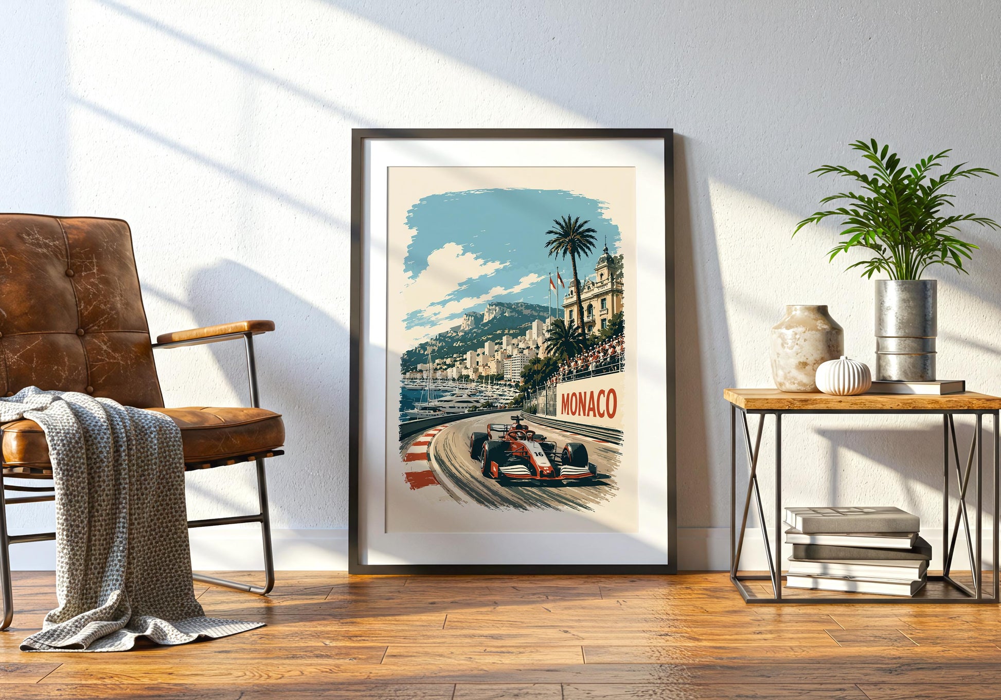 European motorsport illustration combining a Formula-style race car with the glamorous architecture and coastline of Monaco.