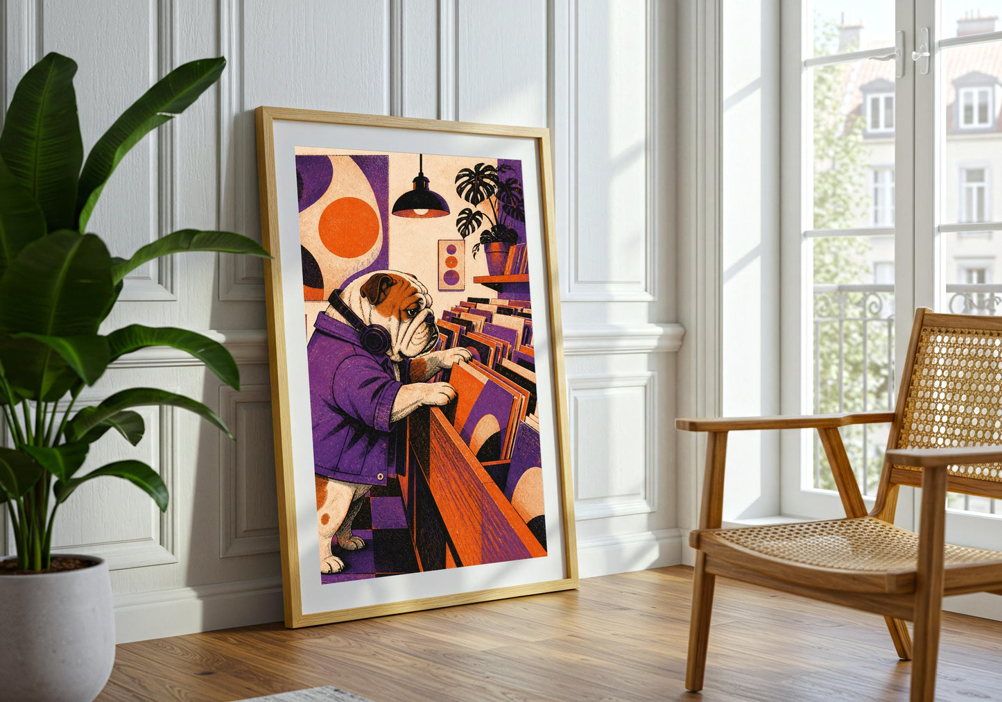 Bulldog Record Shop record shop print, a bulldog browsing vinyl in a retro record shop, displayed in an airy living room; purple, orange and warm cream portrait wall art.