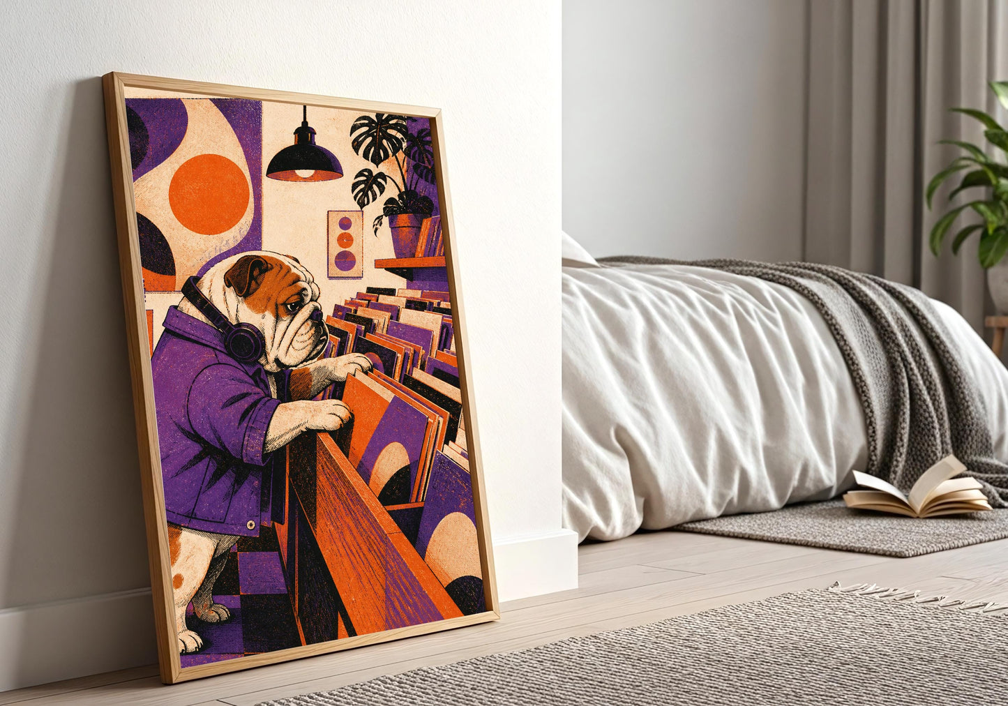 Bulldog Record Shop music lover gift, a bulldog browsing vinyl in a retro record shop, leaning in a calm neutral bedroom; purple, orange and warm cream portrait wall art.