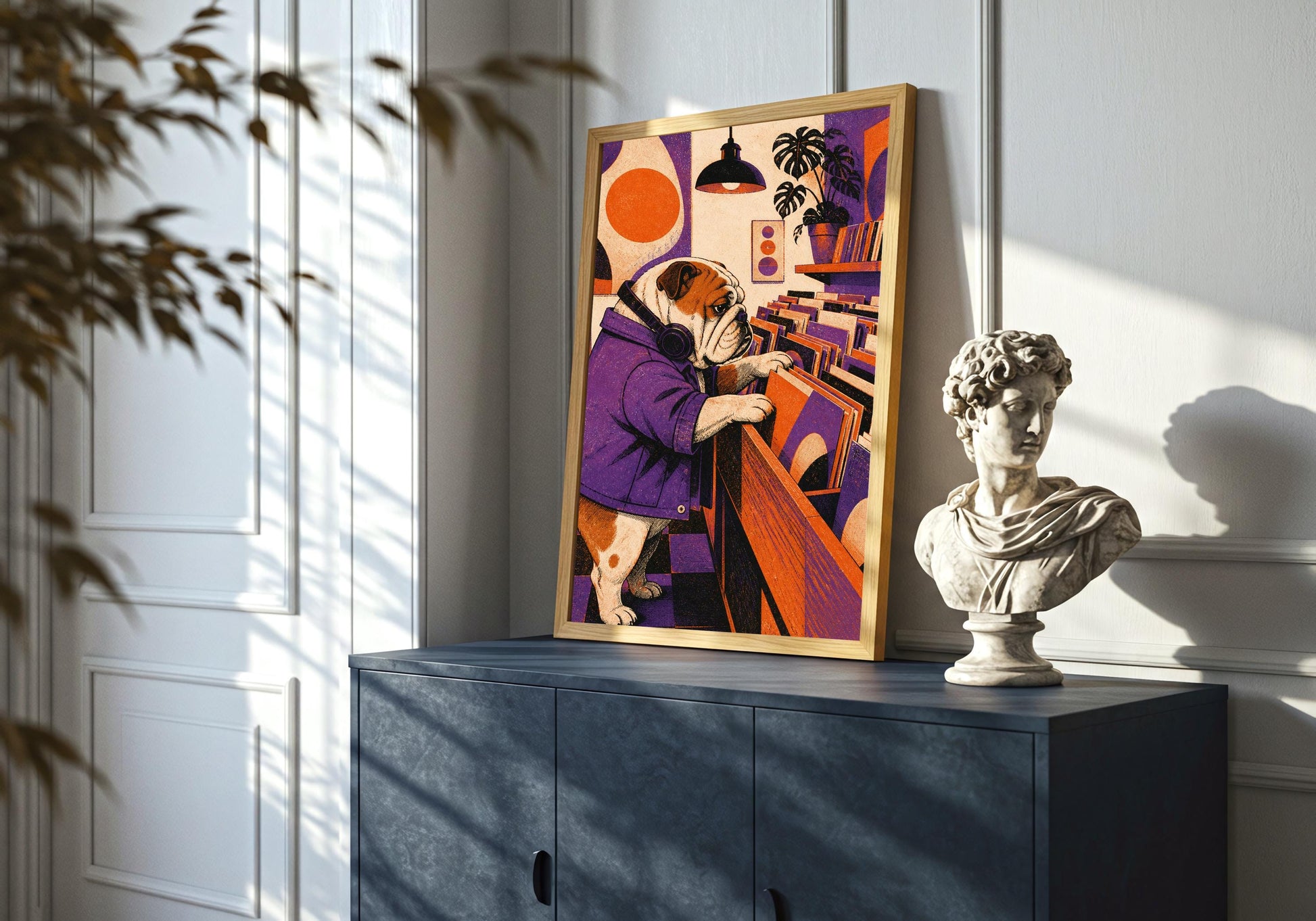 Bulldog Record Shop vinyl wall decor, a bulldog browsing vinyl in a retro record shop, displayed in a contemporary living room; purple, orange and warm cream portrait wall art.