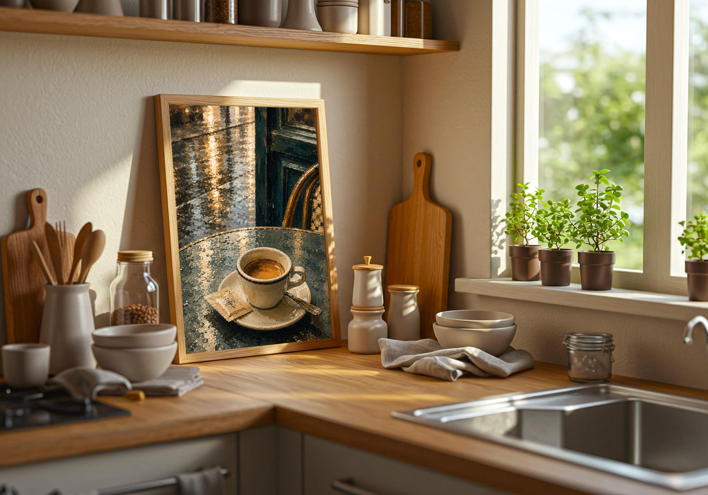 Espresso After Rain rainy cafe poster, a solitary espresso on a rain-slick café table, shown in a portrait frame on a kitchen counter; espresso brown, rain blue, teal and cream portrait wall art.