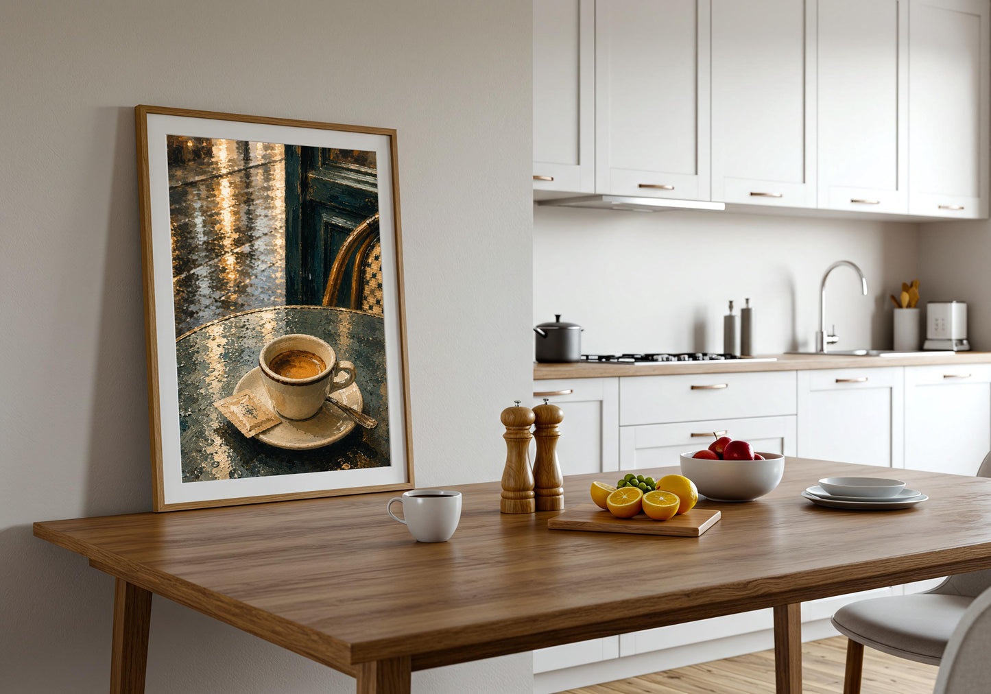 Espresso After Rain coffee shop print, a solitary espresso on a rain-slick café table, styled on a kitchen dining table; espresso brown, rain blue, teal and cream portrait wall art.