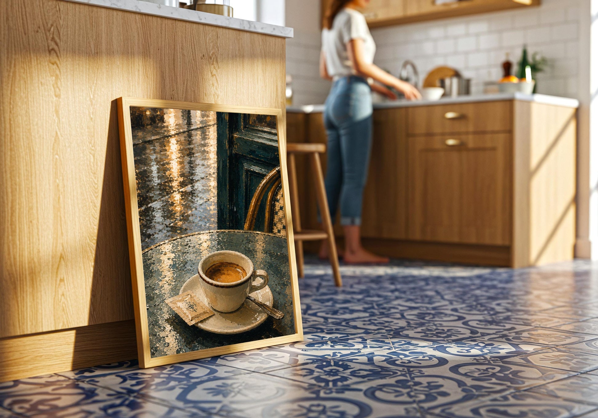 Espresso After Rain kitchen wall decor, a solitary espresso on a rain-slick café table, shown in a warm modern kitchen; espresso brown, rain blue, teal and cream portrait wall art.