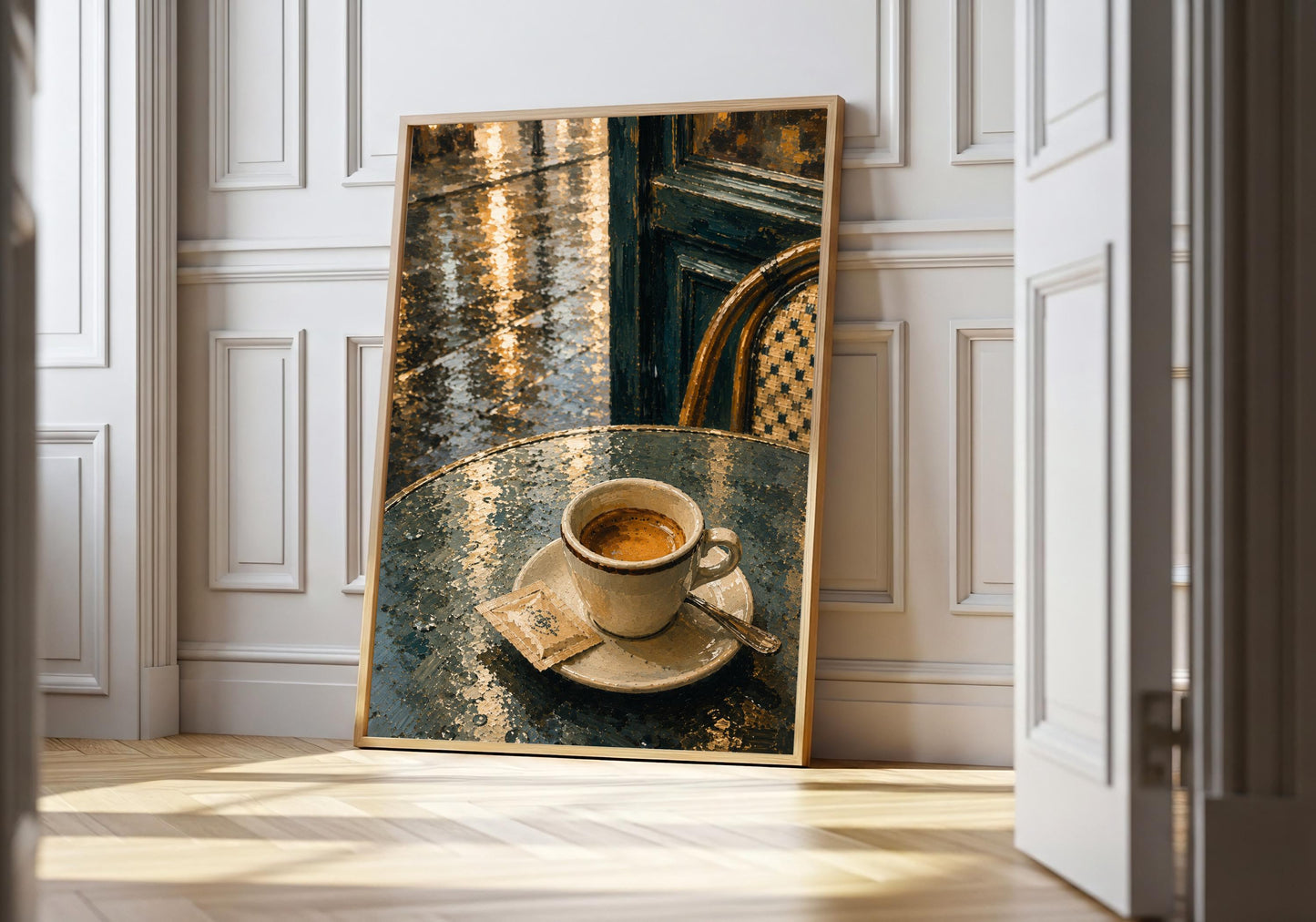 Espresso After Rain espresso wall art, a solitary espresso on a rain-slick café table, leaning in a light natural-wood frame in a bright panelled interior; espresso brown, rain blue, teal and cream portrait wall art.