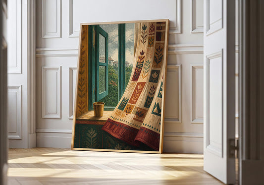 Indian Monsoon Window — Botanical Curtain monsoon wall art, a rain-streaked teal window, brass cup and softly moving botanical curtain, leaning in a light natural-wood frame in a bright panelled interior; deep teal, maroon, amber and parchment portrait wall art.