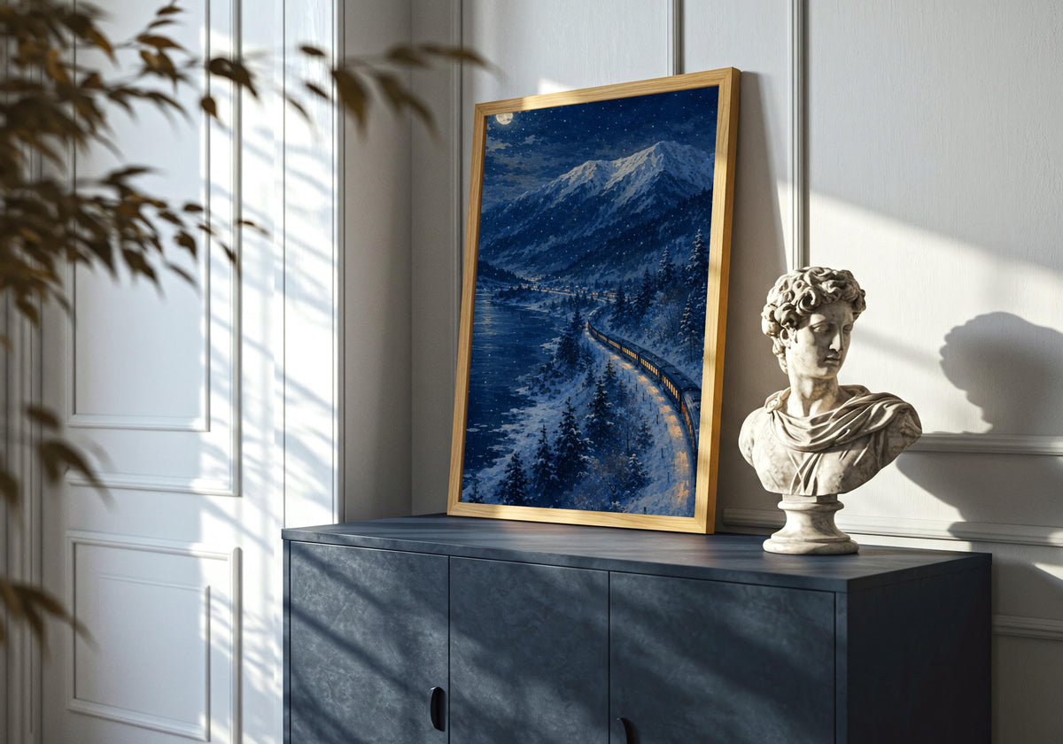 Night Train Hokkaido — Moonlit Lake moonlit landscape, a long illuminated train curving beside a frozen lake under a full moon, displayed in a contemporary living room; deep indigo, snow blue and golden amber portrait wall art.