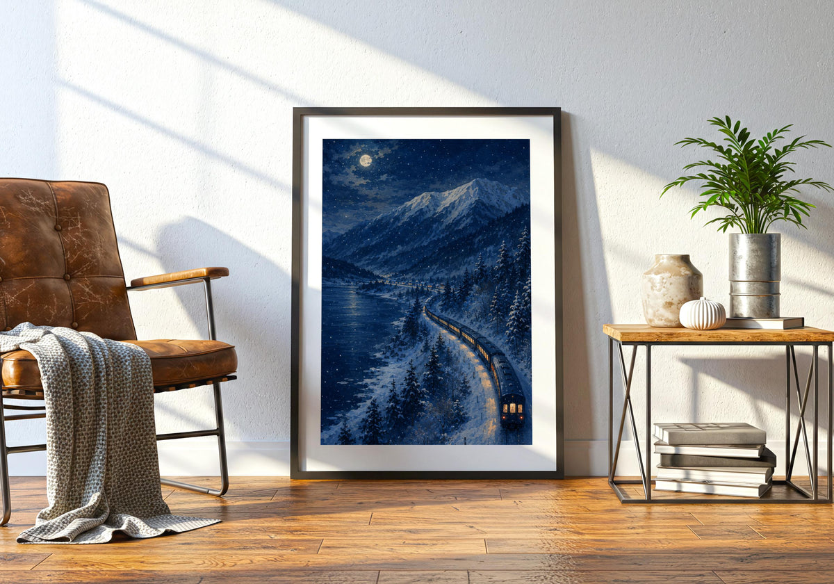 Night Train Hokkaido — Moonlit Lake night train print, a long illuminated train curving beside a frozen lake under a full moon, shown in a black portrait frame beside a chair and green plant; deep indigo, snow blue and golden amber portrait wall art.