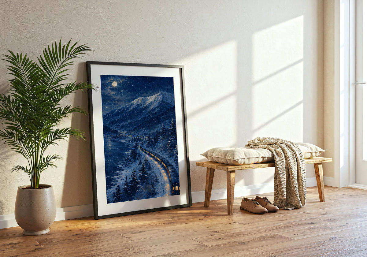 Night Train Hokkaido — Moonlit Lake hokkaido wall art, a long illuminated train curving beside a frozen lake under a full moon, styled in a black frame in a bright minimalist room; deep indigo, snow blue and golden amber portrait wall art.