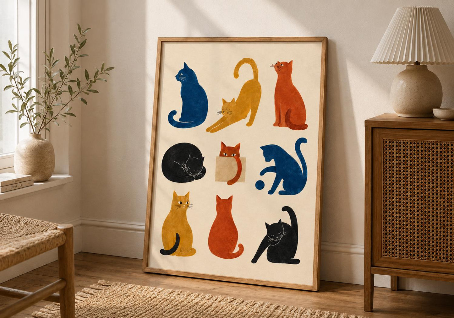 Colourful retro cat poster showing nine illustrated cats in different sitting, stretching, sleeping and playing poses.