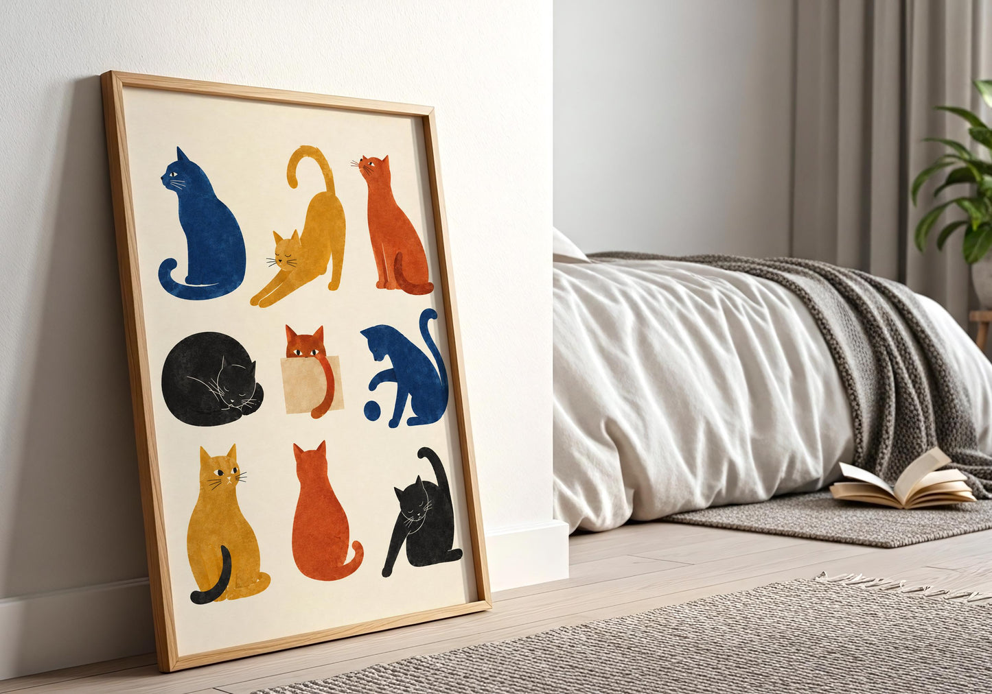 Playful cat lover art print with a grid-like arrangement of stylised feline figures on a warm neutral background.