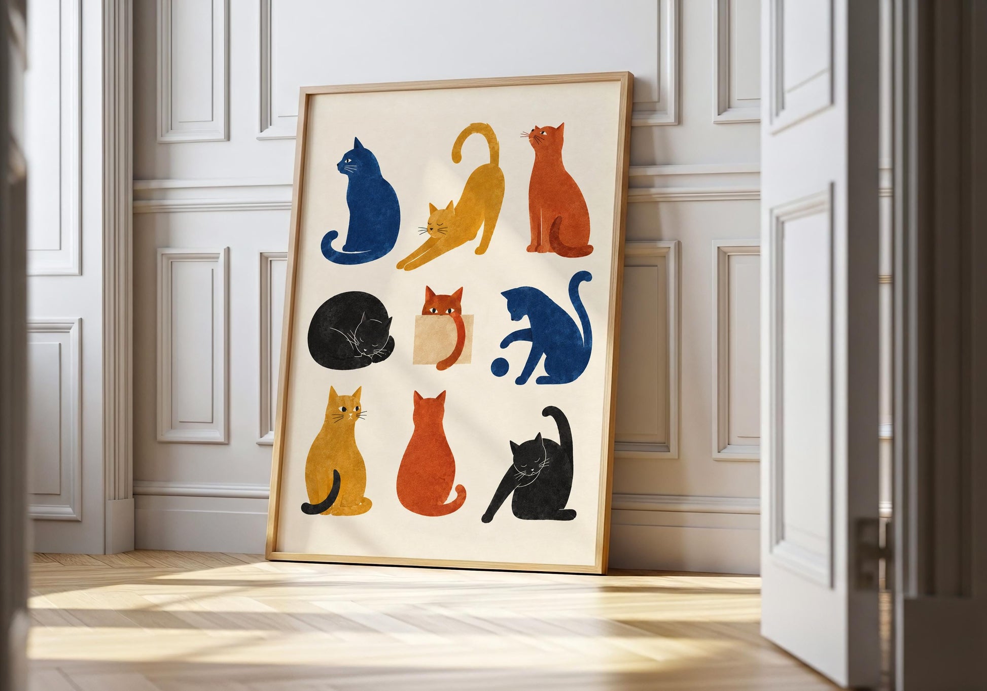 Mid-century modern cat art print featuring nine stylised cats in navy blue, mustard yellow, burnt orange and black on a cream background.