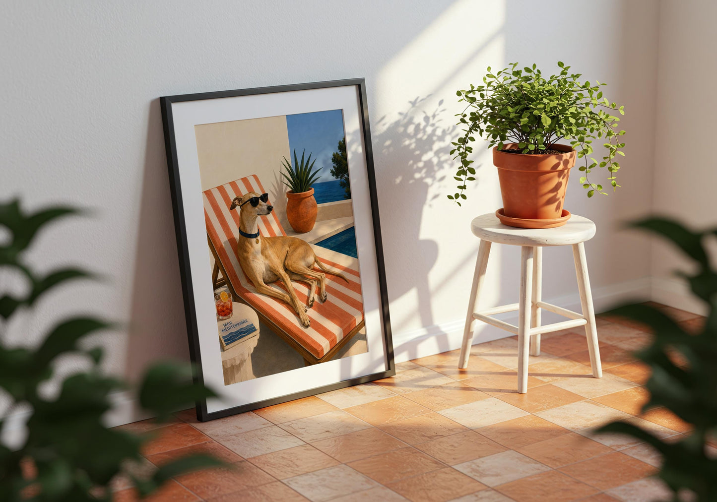 Playful greyhound lover print showing a stylish tan dog wearing black sunglasses on a sunny coastal terrace.