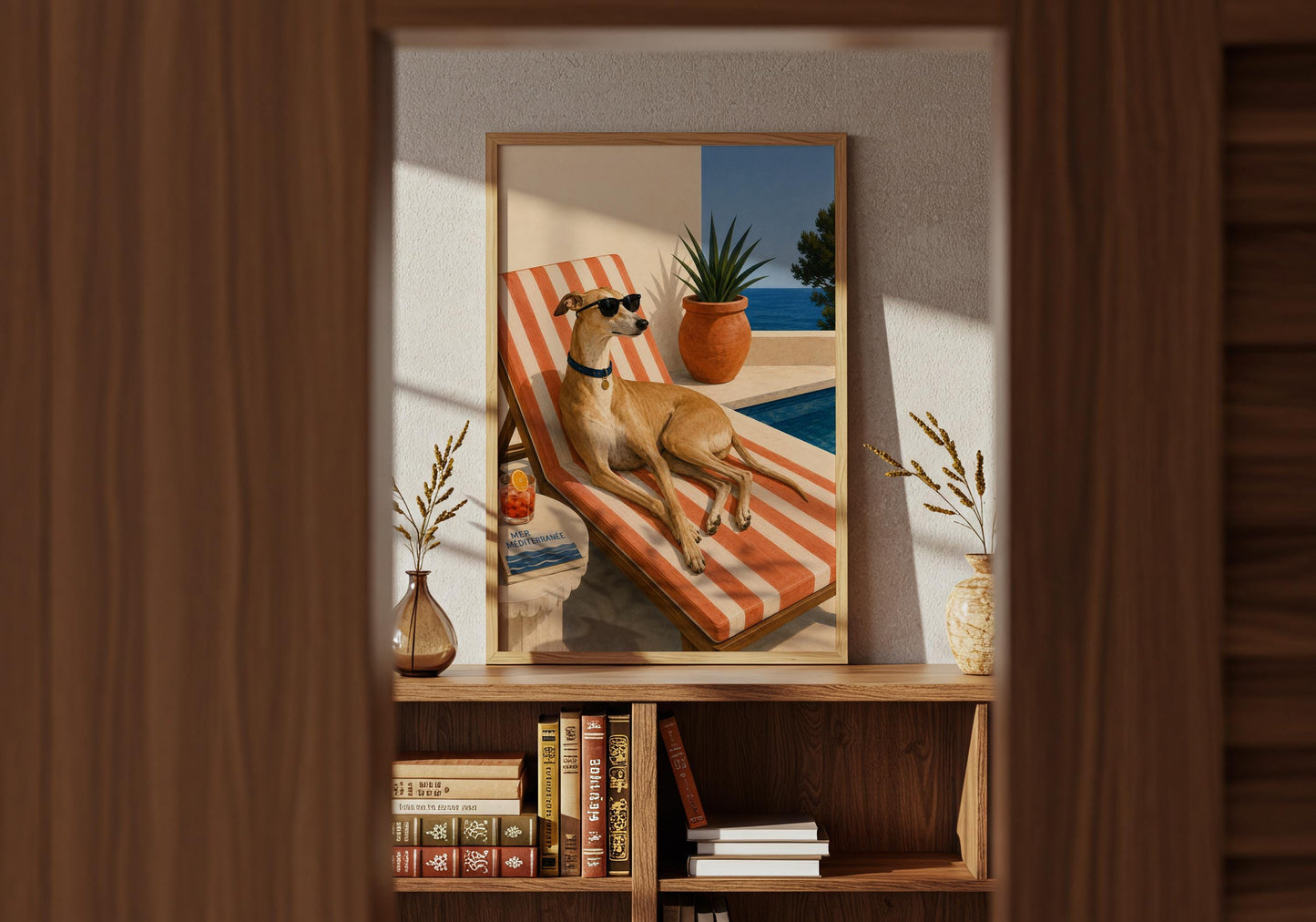 Vintage-inspired dog poster in warm terracotta, coral, cream and ocean blue with a sunny European holiday atmosphere.