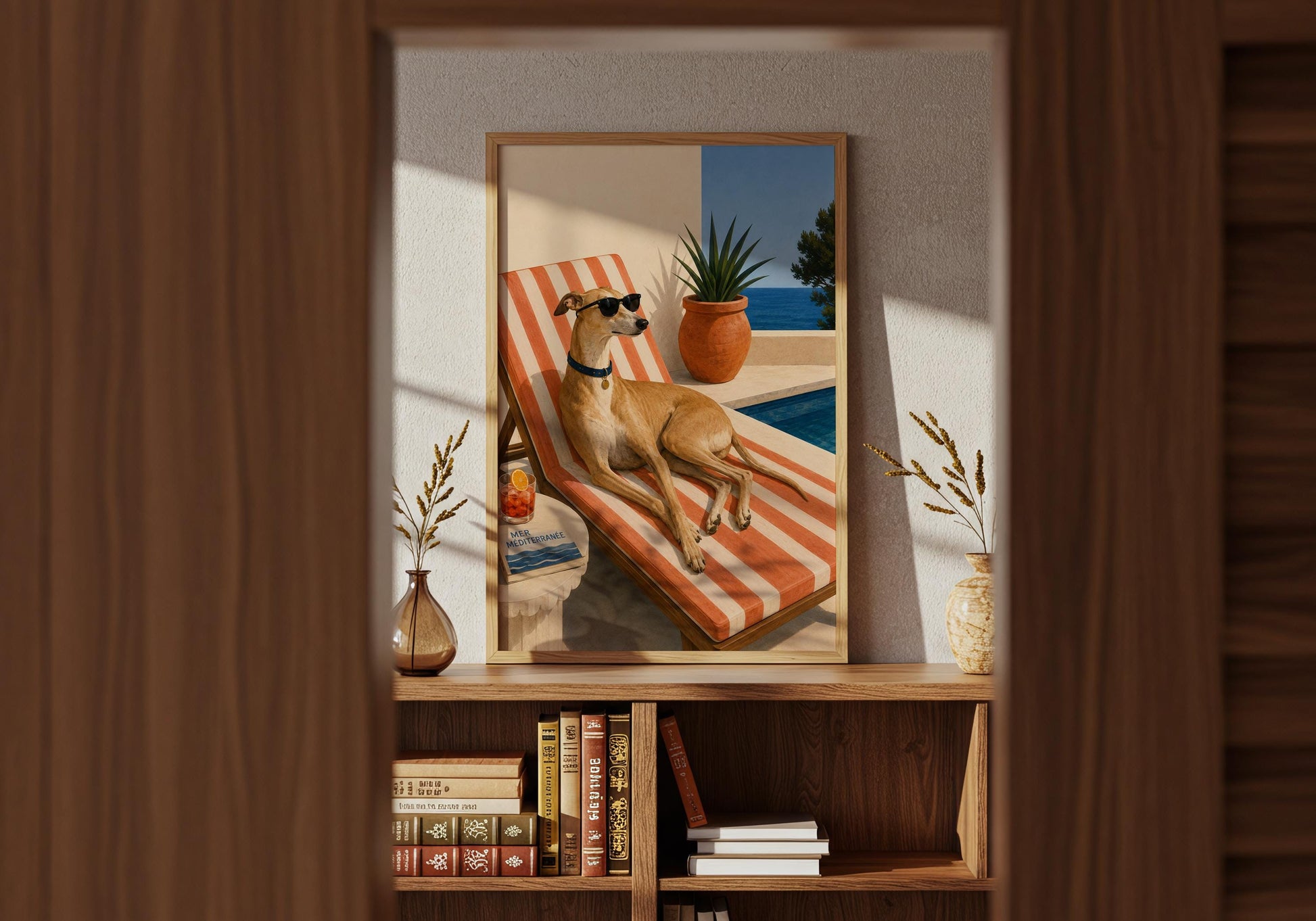Vintage-inspired dog poster in warm terracotta, coral, cream and ocean blue with a sunny European holiday atmosphere.