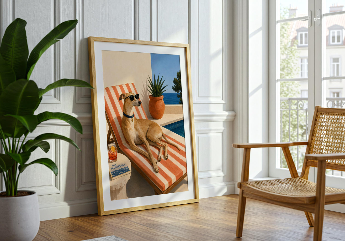 Coastal dog wall decor with a relaxed sighthound beside a pool in a warm retro Mediterranean colour palette.