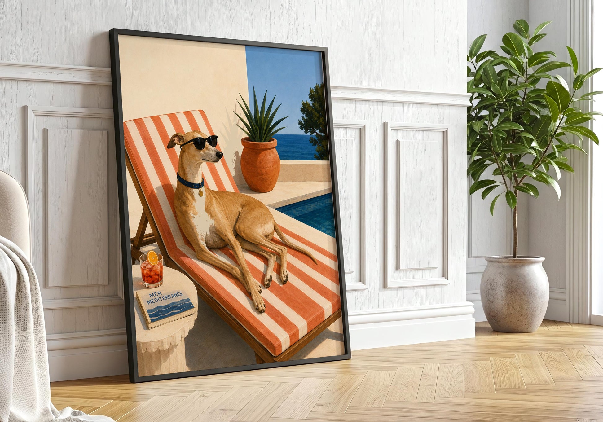 Greyhound art print featuring a relaxed sighthound beside a blue swimming pool with the Mediterranean Sea in the background.