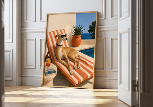 Mediterranean greyhound wall art showing a tan dog wearing sunglasses while lounging on a coral striped poolside chair.