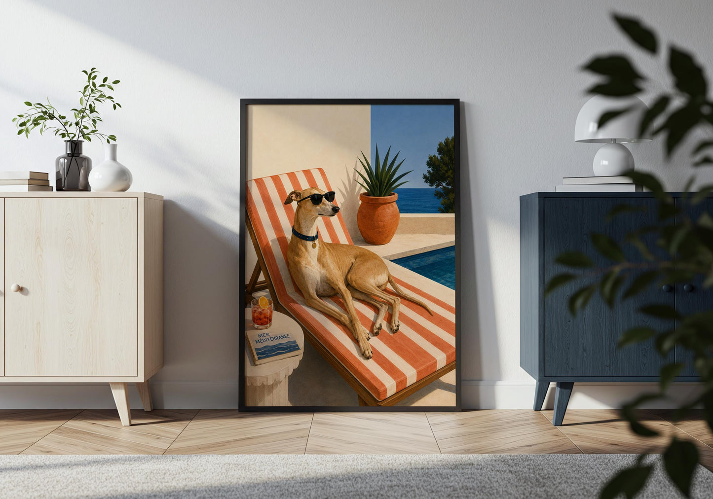 Greyhound Wall Art - Mediterranean Dog Print - Italian Summer Poster - Coastal Pool Decor - Greyhound Lover Gift