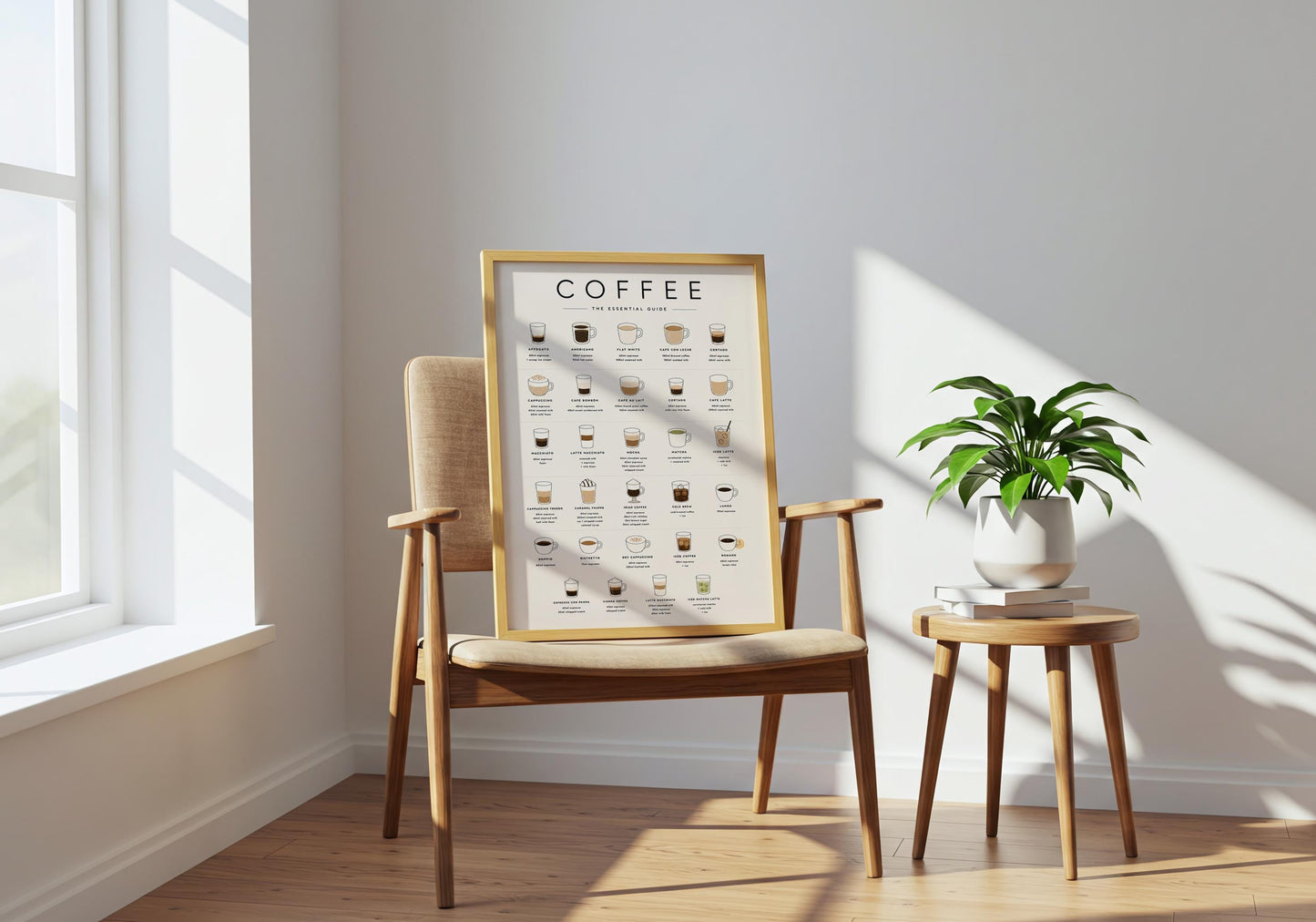 Neutral coffee wall art with small hand-drawn drink illustrations in warm espresso brown, cream and beige tones.
