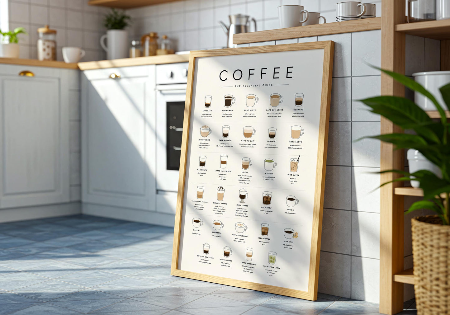 Modern coffee bar decor with neatly arranged illustrated café drinks and clean black typography on a warm off-white background.