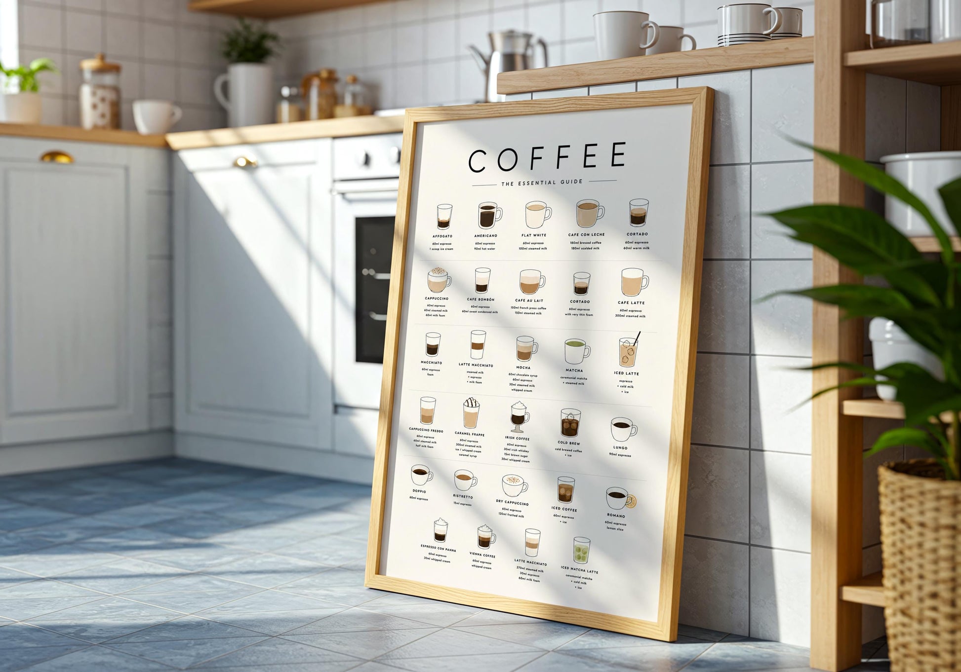 Modern coffee bar decor with neatly arranged illustrated café drinks and clean black typography on a warm off-white background.