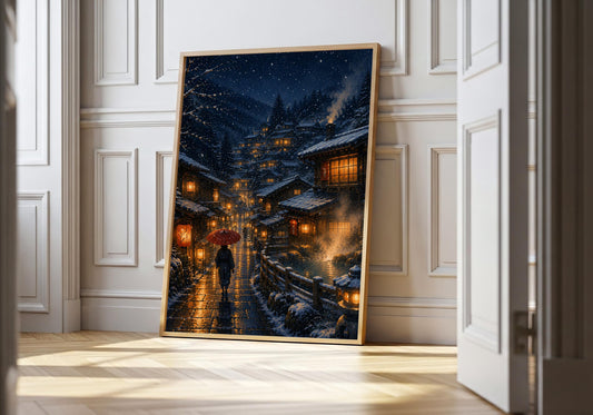 Snowy Onsen Village snowy onsen print, a lantern-lit onsen village tucked into deep snow at blue hour, leaning in a light natural-wood frame in a bright panelled interior; indigo, muted blue, snow white and warm amber portrait wall art.