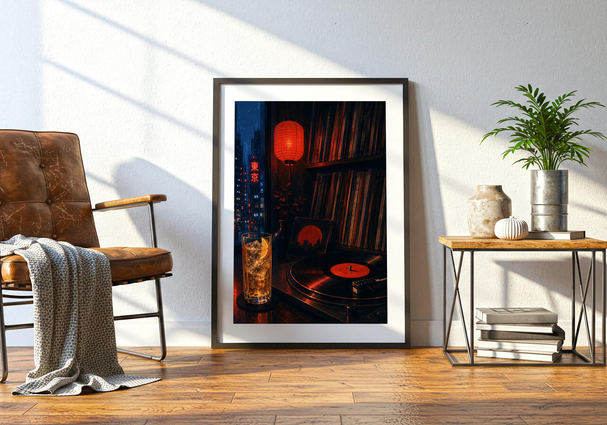Tokyo Record Bar — Neon Interior tokyo record bar, a neon-lit Tokyo record bar packed with vinyl and late-night atmosphere, shown in a black portrait frame beside a chair and green plant; electric red, cobalt, black and warm amber portrait wall art.