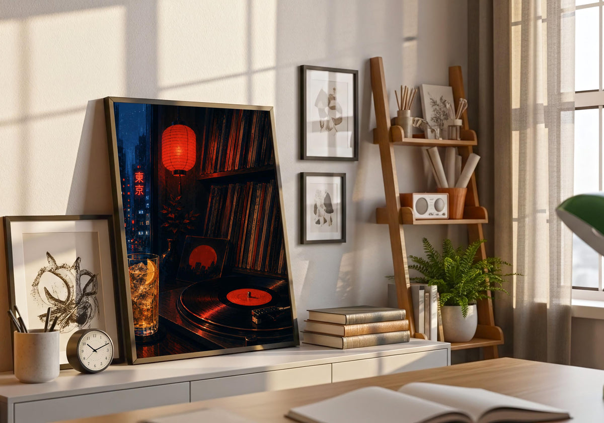 Tokyo Record Bar — Neon Interior neon music poster, a neon-lit Tokyo record bar packed with vinyl and late-night atmosphere, displayed in a contemporary living room; electric red, cobalt, black and warm amber portrait wall art.