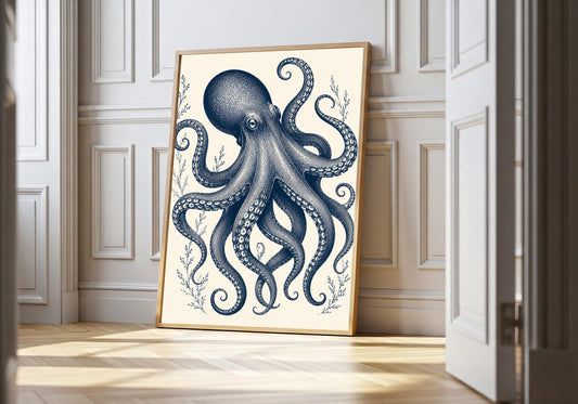 Blue Octopus Botanical blue octopus print, a curling blue octopus entwined with underwater botanicals, shown in a light wood hero frame in a bright panelled room; indigo, denim blue and warm cream.
