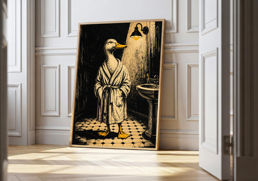 Duck After Dark, leaning in the light wood hero frame against white panelling.