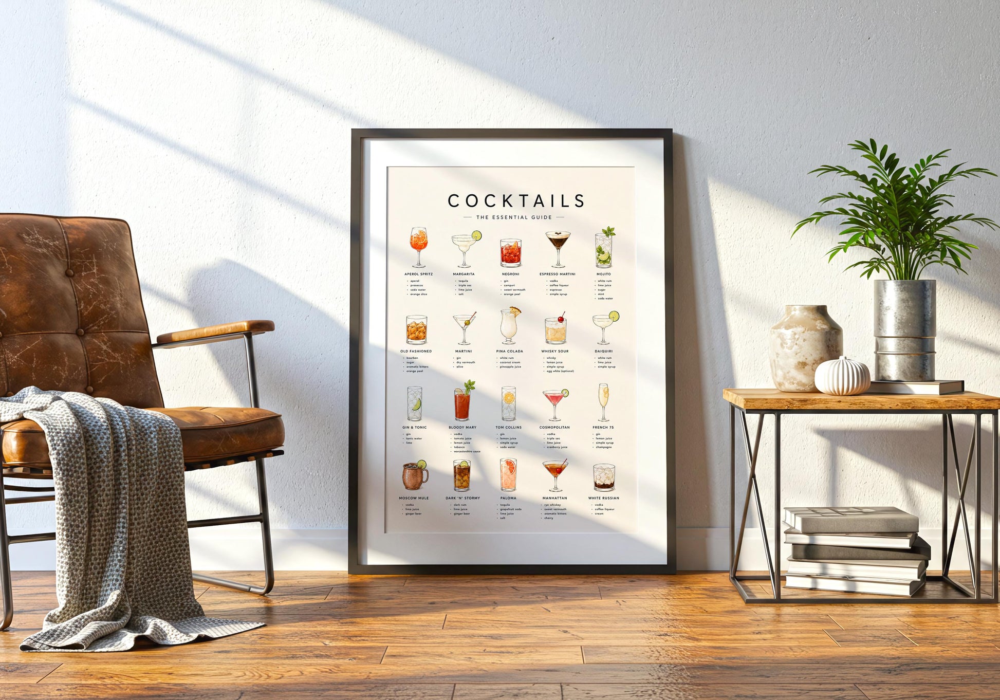 Neutral home bar poster featuring 20 classic cocktail recipes arranged in a clean illustrated grid.