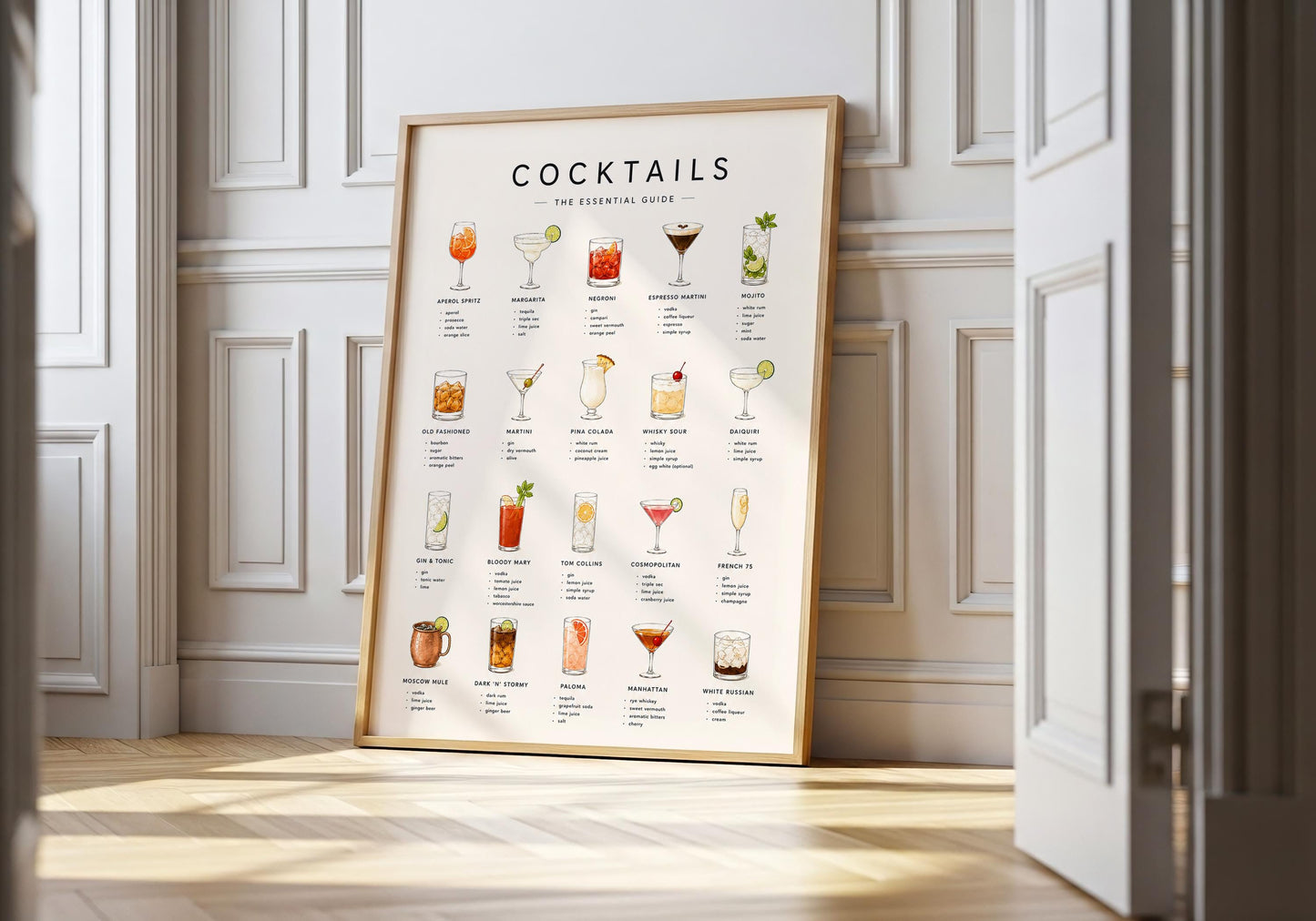 Cocktail recipe poster featuring illustrated classic drinks and ingredients on a warm neutral background.