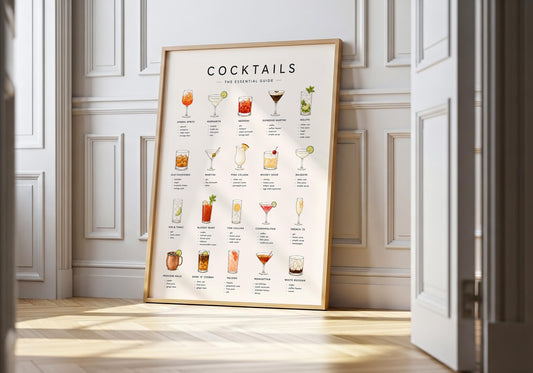 Cocktail recipe poster featuring illustrated classic drinks and ingredients on a warm neutral background.