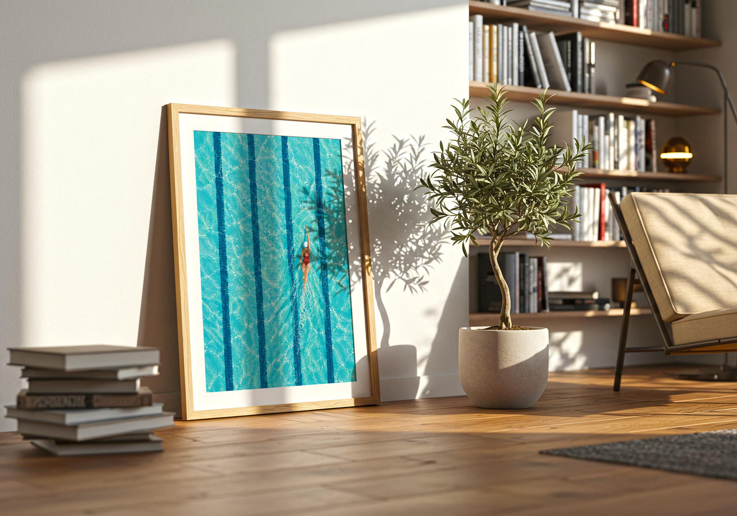Aquatic wall print showing a swimmer creating a trail through clear blue water in a modern aerial composition.
